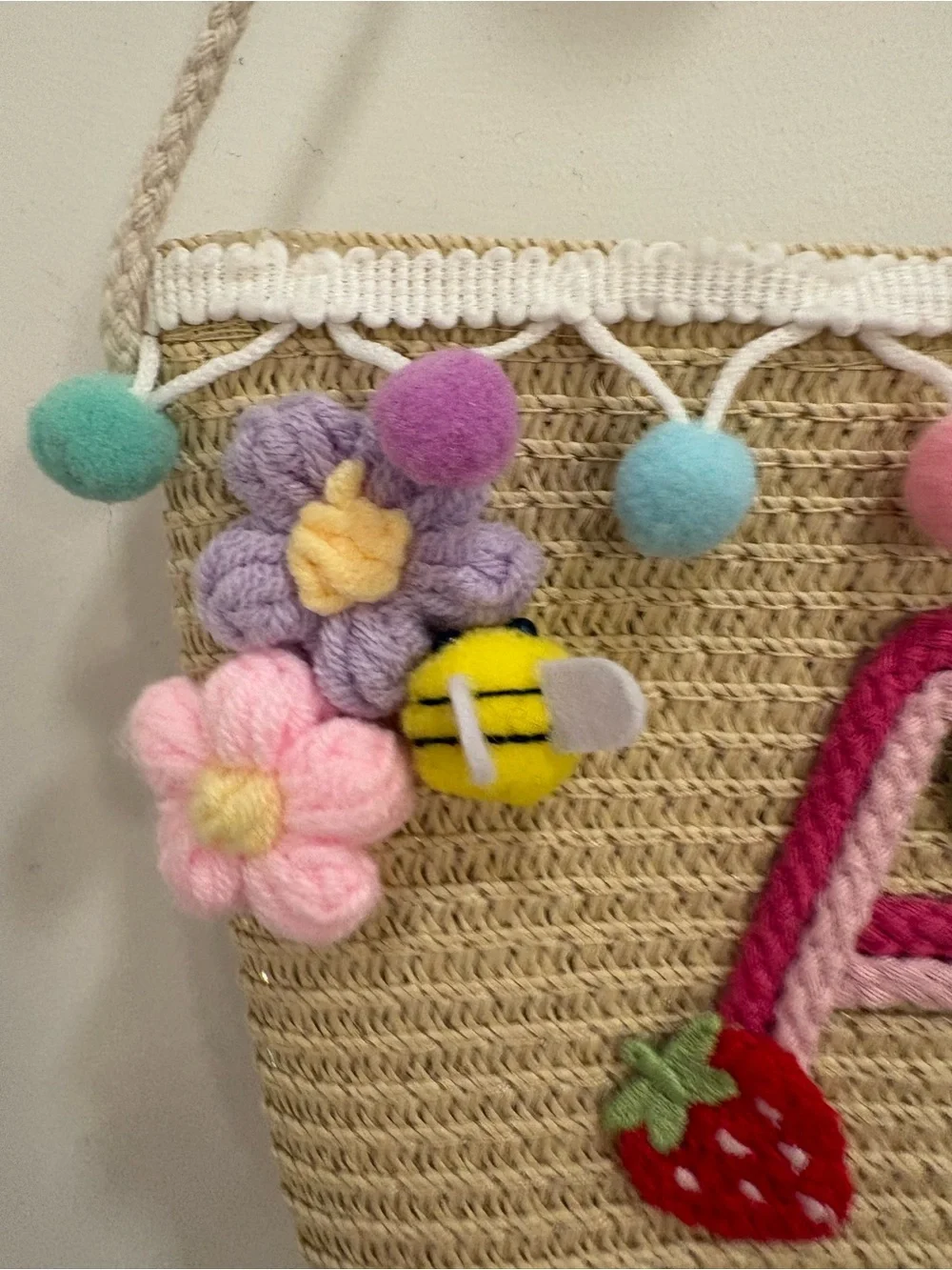 Girls Bag A Initial Pom Pom Floral Bee Purse Zipper